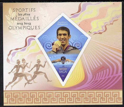 Madagascar 2014 Most Decorated Olympians imperf deluxe sheet containing one diamond shaped value unmounted mint, stamps on , stamps on  stamps on personalities, stamps on  stamps on olympics, stamps on  stamps on swimming, stamps on  stamps on , stamps on  stamps on shaped, stamps on  stamps on diamond