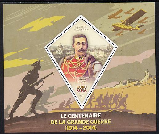 Madagascar 2014 Centenary of Start of First World War perf deluxe sheet containing one diamond shaped value unmounted mint, stamps on militaria, stamps on  ww1 .aviation, stamps on , stamps on shaped, stamps on diamond