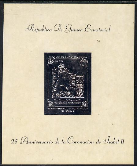 Equatorial Guinea 1978 Coronation 25th Anniversary 500ek embossed in silver foil on glazed card (mottled) unmounted mint, stamps on , stamps on  stamps on arms, stamps on  stamps on heraldry    royalty      coronation