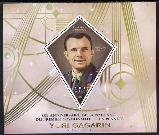 Madagascar 2014 80th Birth Anniversary of Yuri Gagarin perf deluxe sheet containing one diamond shaped value unmounted mint, stamps on , stamps on  stamps on personalities, stamps on  stamps on space, stamps on  stamps on gagarin, stamps on  stamps on shaped, stamps on  stamps on diamond