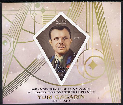 Madagascar 2014 80th Birth Anniversary of Yuri Gagarin imperf deluxe sheet containing one diamond shaped value unmounted mint, stamps on personalities, stamps on space, stamps on gagarin, stamps on shaped, stamps on diamond