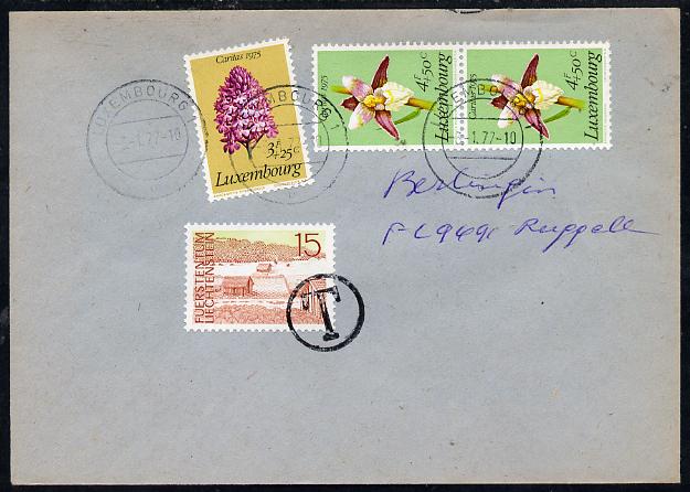 Luxembourg 1977 cover bearing 1975 Welfare Fund 3f Orchid & 2 x 4f Helleborine with Liechtenstein 15r used as postage due and cancelled 'T' in circle, stamps on , stamps on  stamps on flowers    orchids