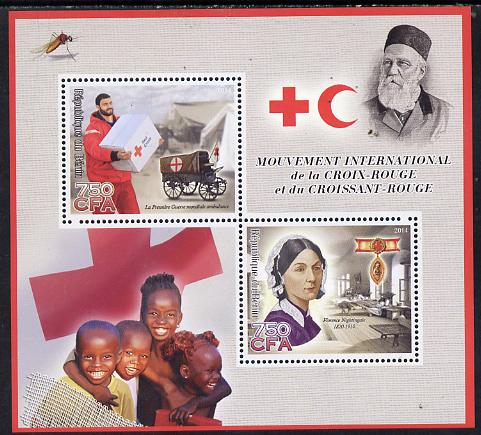 Benin 2014 Red Cross perf sheetlet containing 2 values unmounted mint, stamps on , stamps on  stamps on red cross, stamps on  stamps on medical, stamps on  stamps on nursing