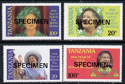 Tanzania 1985 Life & Times of HM Queen Mother perf set of 4 unmounted mint each inscribed in error 'HRH the Queen Mother' opt'd SPECIMEN*, stamps on , stamps on  stamps on royalty, stamps on  stamps on queen mother