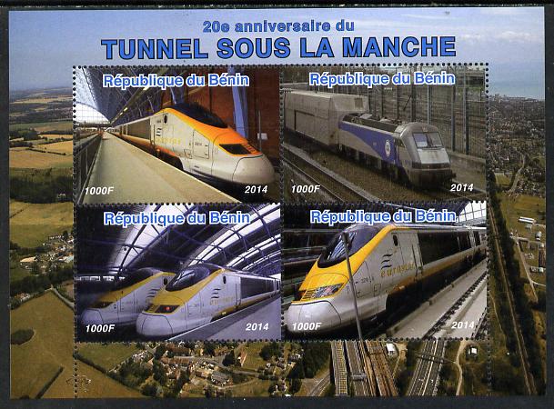 Benin 2014 20th Anniversary of Channel Tunnel perf sheetlet containing 4 values unmounted mint. Note this item is privately produced and is offered purely on its thematic..., stamps on railways, stamps on 