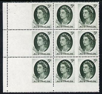 Booklet - Australia 1964 QEII 5d green unmounted mint block of 9 plus 3 blank labels (as illustrated in SG) being the booklet pane of 6 plus extras from the uncut sheet, stamps on , stamps on  stamps on royalty