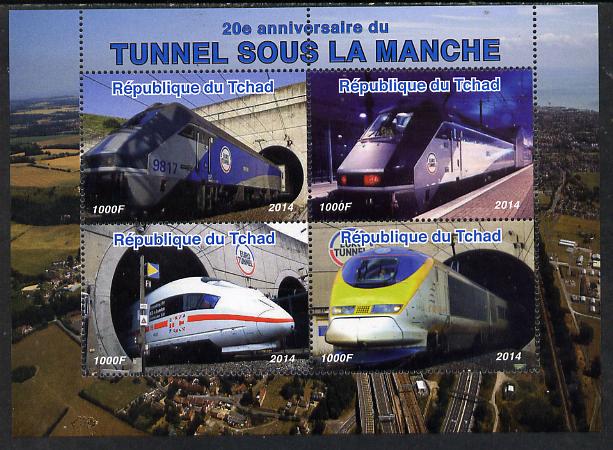 Chad 2014 20th Anniversary of Channel Tunnel perf sheetlet containing 4 values unmounted mint. Note this item is privately produced and is offered purely on its thematic appeal. . , stamps on railways, stamps on 