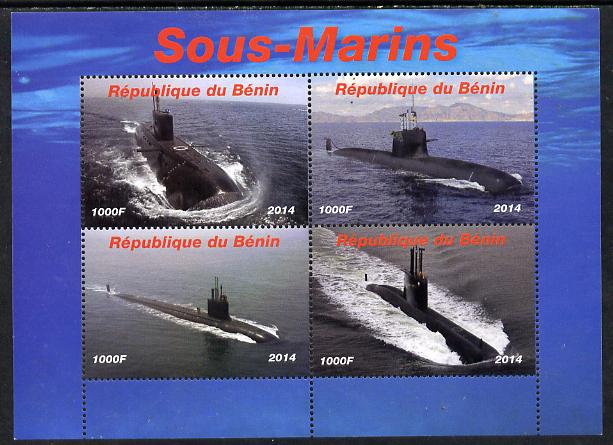 Benin 2014 Submarines perf sheetlet containing 4 values unmounted mint. Note this item is privately produced and is offered purely on its thematic appeal, stamps on , stamps on  stamps on ships, stamps on  stamps on subs, stamps on  stamps on submarines