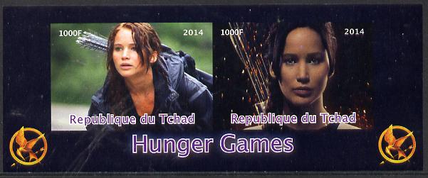 Chad 2014 Hunger Games #1 imperf sheetlet containing 2 values unmounted mint. Note this item is privately produced and is offered purely on its thematic appeal. . , stamps on , stamps on  stamps on films, stamps on  stamps on cinema, stamps on  stamps on movies, stamps on  stamps on archery