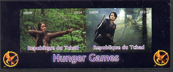 Chad 2014 Hunger Games #2 imperf sheetlet containing 2 values unmounted mint. Note this item is privately produced and is offered purely on its thematic appeal. . , stamps on , stamps on  stamps on films, stamps on  stamps on cinema, stamps on  stamps on movies, stamps on  stamps on archery