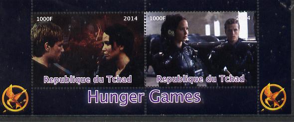 Chad 2014 Hunger Games #4 perf sheetlet containing 2 values unmounted mint. Note this item is privately produced and is offered purely on its thematic appeal. . 