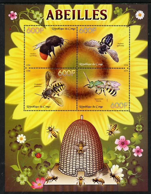 Congo 2014 Bees perf sheetlet containing 4 values unmounted mint, stamps on , stamps on  stamps on bees