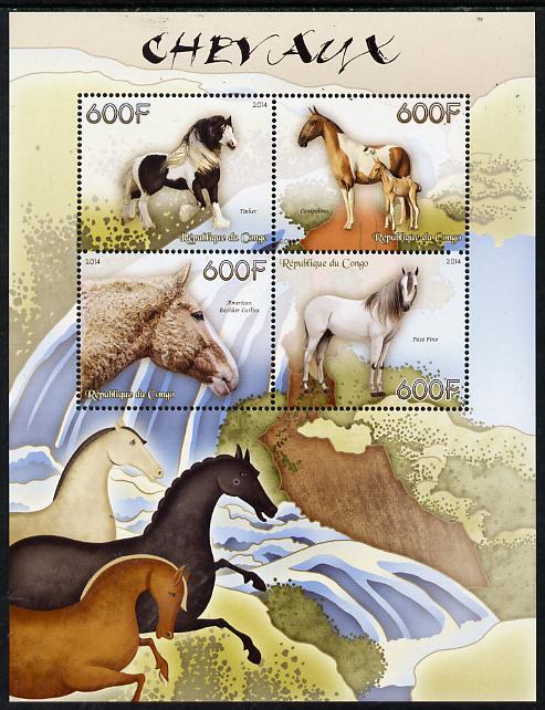 Congo 2014 Horses perf sheetlet containing 4 values unmounted mint, stamps on animals, stamps on horses