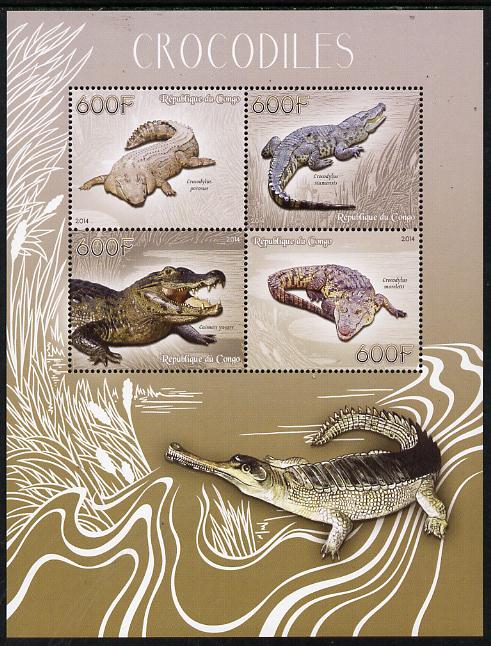 Congo 2014 Crocodiles perf sheetlet containing 4 values unmounted mint, stamps on reptiles, stamps on crocodiles