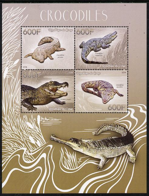 Congo 2014 Crocodiles perf sheetlet containing 4 values unmounted mint, stamps on , stamps on  stamps on reptiles, stamps on  stamps on crocodiles