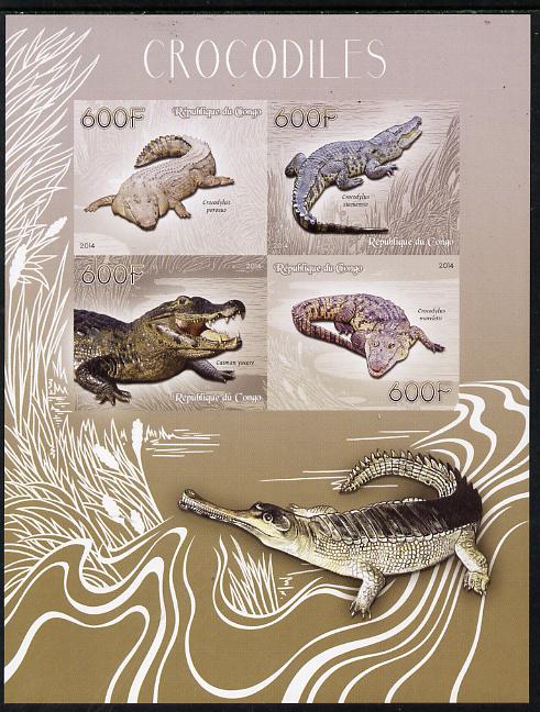 Congo 2014 Crocodiles imperf sheetlet containing 4 values unmounted mint, stamps on , stamps on  stamps on reptiles, stamps on  stamps on crocodiles