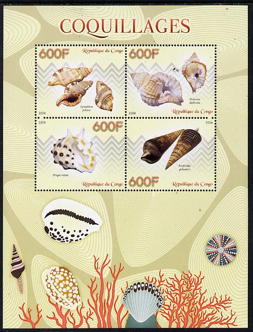 Congo 2014 Shells perf sheetlet containing 4 values unmounted mint, stamps on shells, stamps on marine life