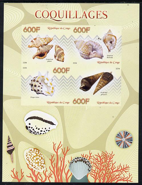 Congo 2014 Shells imperf sheetlet containing 4 values unmounted mint, stamps on shells, stamps on marine life