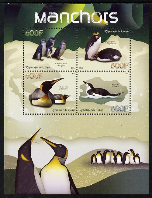 Congo 2014 Penguins perf sheetlet containing 4 values unmounted mint, stamps on , stamps on  stamps on , stamps on  stamps on birds.penguins