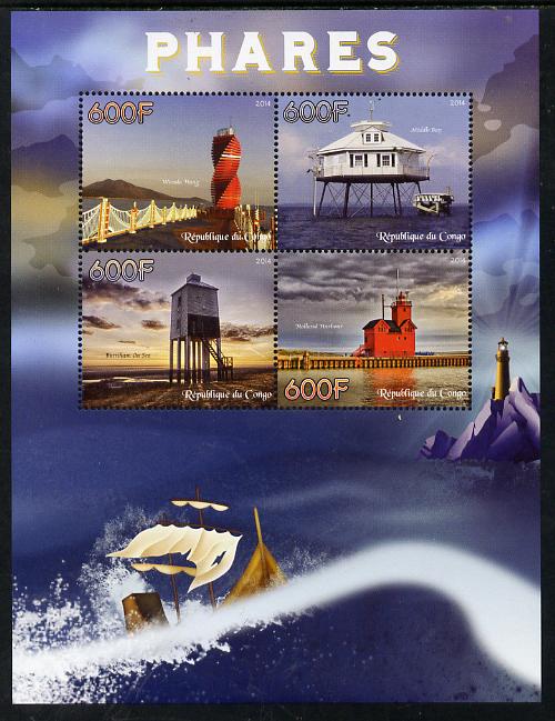 Congo 2014 Lighthouses perf sheetlet containing 4 values unmounted mint, stamps on , stamps on  stamps on , stamps on  stamps on lighthouses