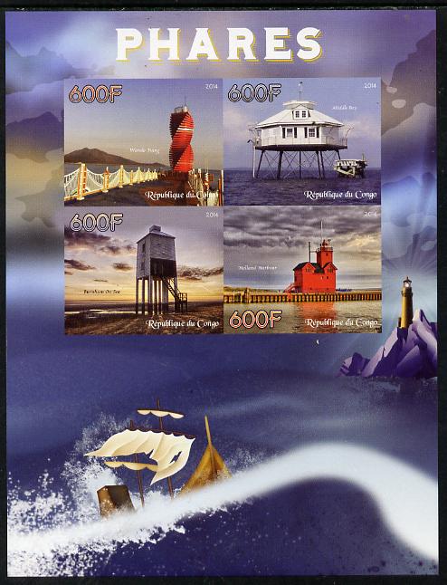 Congo 2014 Lighthouses imperf sheetlet containing 4 values unmounted mint, stamps on , stamps on  stamps on lighthouses