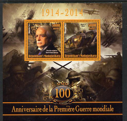 Madagascar 2014 Centenary of Start of WW1 #2 perf sheetlet containing two values unmounted mint, stamps on , stamps on  stamps on militaria, stamps on  stamps on  ww1 , stamps on  stamps on tanks