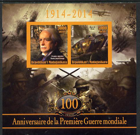 Madagascar 2014 Centenary of Start of WW1 #2 imperf sheetlet containing two values unmounted mint, stamps on militaria, stamps on  ww1 , stamps on tanks