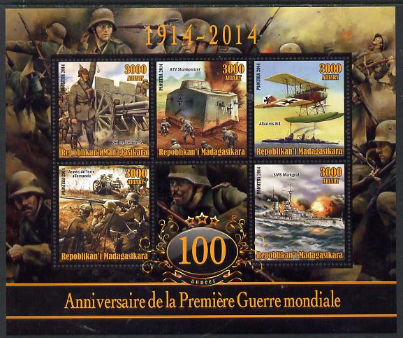 Madagascar 2014 Centenary of Start of WW1 #5 perf sheetlet containing five values unmounted mint, stamps on militaria, stamps on  ww1 , stamps on aviation, stamps on ships, stamps on 