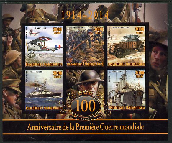 Madagascar 2014 Centenary of Start of WW1 #6 imperf sheetlet containing five values unmounted mint, stamps on , stamps on  stamps on militaria, stamps on  stamps on  ww1 , stamps on  stamps on aviation, stamps on  stamps on ships, stamps on  stamps on 