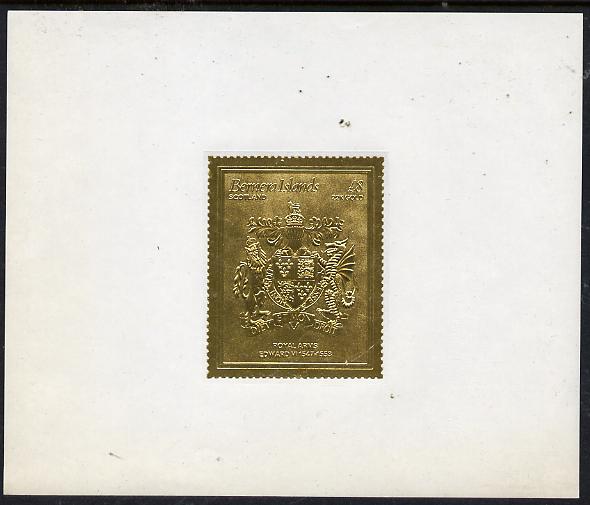 Bernera 1982 Royal Arms A38 Edward VI embossed in 22k gold foil self-adhesive proof unmounted mint , stamps on , stamps on  stamps on cinderellas, stamps on  stamps on royalty, stamps on  stamps on arms, stamps on  stamps on selfadhesive