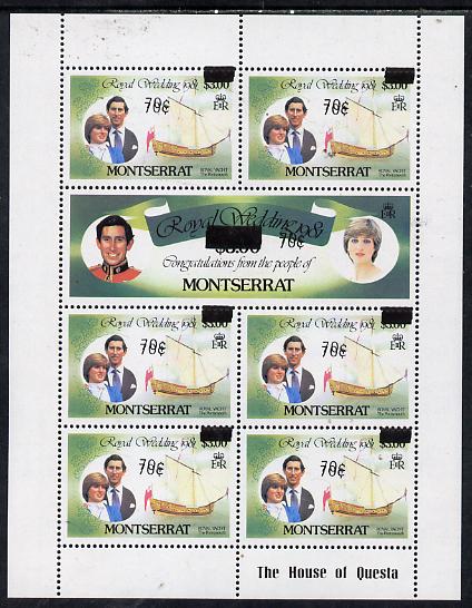 Montserrat 1983 Surcharged 70c on  Royal Wedding sheetlet with surcharges doubled unmounted mint SG 582c x 6 & 583b, stamps on royalty, stamps on royal wedding, stamps on charles, stamps on diana, stamps on ships