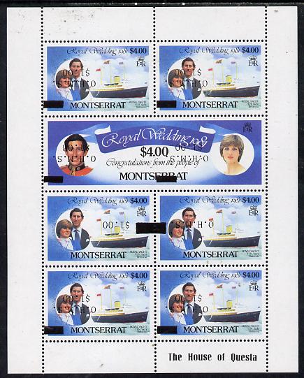 Montserrat 1982 Official  Surcharged OHMS $1 on  Royal Wedding sheetlet with surcharges inverted unmounted mint SG O57d x 6 & O58d, stamps on royalty, stamps on royal wedding, stamps on charles, stamps on diana, stamps on ships