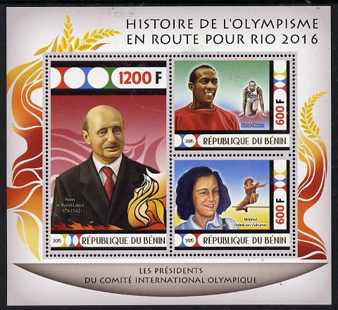 Benin 2015 Olympic History on Route to Rio 2016 #3 perf sheetlet containing 3 values unmounted mint, stamps on , stamps on  stamps on olympics, stamps on  stamps on running, stamps on  stamps on hurdles