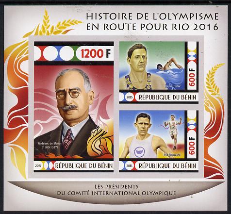 Benin 2015 Olympic History on Route to Rio 2016 #4 imperf sheetlet containing 3 values unmounted mint, stamps on , stamps on  stamps on olympics, stamps on  stamps on running, stamps on  stamps on swimming