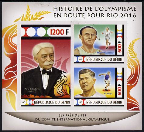 Benin 2015 Olympic History on Route to Rio 2016 #5 imperf sheetlet containing 3 values unmounted mint, stamps on olympics, stamps on running, stamps on discus