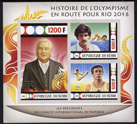 Benin 2015 Olympic History on Route to Rio 2016 #7 imperf sheetlet containing 3 values unmounted mint, stamps on , stamps on  stamps on olympics, stamps on  stamps on  gym , stamps on  stamps on gymnastics, stamps on  stamps on swimming