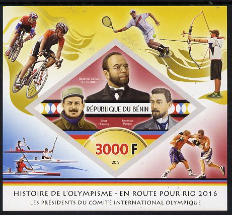 Benin 2015 Olympic History on Route to Rio 2016 #2 imperf deluxe sheet containing one diamond shaped value unmounted mint, stamps on , stamps on  stamps on olympics, stamps on  stamps on shaped, stamps on  stamps on diamond, stamps on  stamps on bicycles, stamps on  stamps on cycling, stamps on  stamps on archery, stamps on  stamps on tennis, stamps on  stamps on boxing, stamps on  stamps on rowing