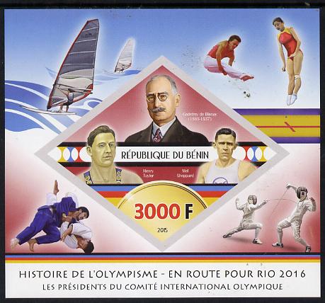 Benin 2015 Olympic History on Route to Rio 2016 #3 imperf deluxe sheet containing one diamond shaped value unmounted mint, stamps on , stamps on  stamps on olympics, stamps on  stamps on shaped, stamps on  stamps on diamond, stamps on  stamps on fencing, stamps on  stamps on judo, stamps on  stamps on martial arts, stamps on  stamps on  gym , stamps on  stamps on gymnastics, stamps on  stamps on sailboard