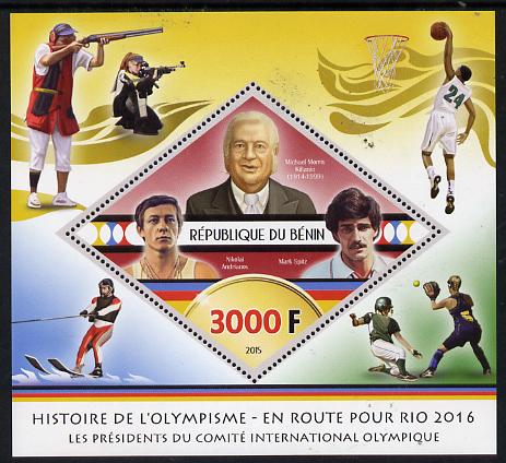 Benin 2015 Olympic History on Route to Rio 2016 #7 perf deluxe sheet containing one diamond shaped value unmounted mint, stamps on olympics, stamps on shaped, stamps on diamond, stamps on rifle.shooting, stamps on water skiing, stamps on baseball, stamps on basketball