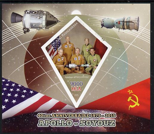 Madagascar 2015 40th Anniversary of Apollo-Soyuz Link-up imperf deluxe sheet containing one diamond shaped value unmounted mint, stamps on , stamps on  stamps on space, stamps on  stamps on apollo, stamps on  stamps on shaped, stamps on  stamps on diamond