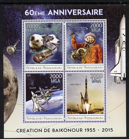 Madagascar 2015 60th Anniversary of Space Exploration perf sheetlet containing 4 values unmounted mint, stamps on , stamps on  stamps on space, stamps on  stamps on shuttle, stamps on  stamps on dogs