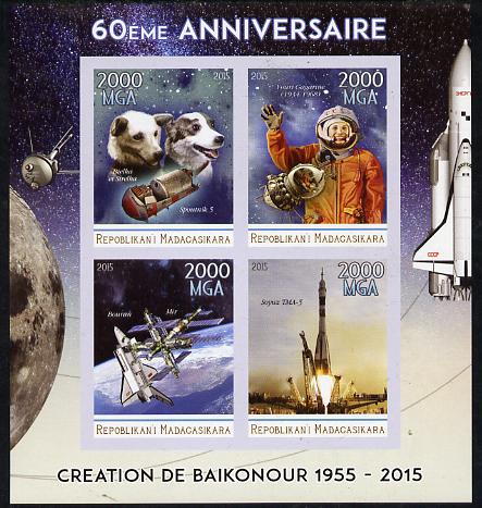 Madagascar 2015 60th Anniversary of Space Exploration imperf sheetlet containing 4 values unmounted mint, stamps on , stamps on  stamps on space, stamps on  stamps on shuttle, stamps on  stamps on dogs