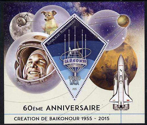 Madagascar 2015 60th Anniversary of Space Exploration perf deluxe sheet containing one diamond shaped value unmounted mint, stamps on , stamps on  stamps on shaped, stamps on  stamps on diamond, stamps on  stamps on space, stamps on  stamps on shuttle, stamps on  stamps on dogs, stamps on  stamps on 