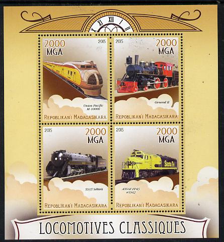 Madagascar 2015 Classic Locomotives perf sheetlet containing 4 values unmounted mint, stamps on railways, stamps on 