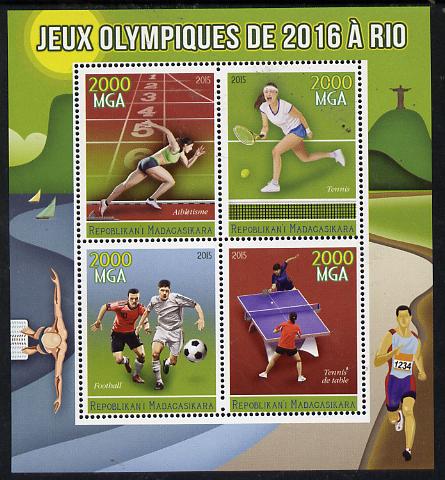 Madagascar 2015 Rio Olympic Games perf sheetlet containing 4 values unmounted mint, stamps on olympics, stamps on running, stamps on tennis, stamps on football, stamps on table tennis, stamps on diving