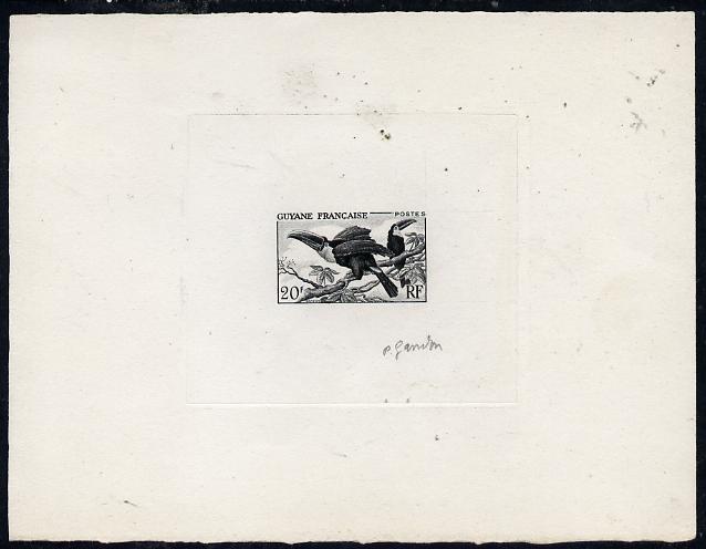 French Guiana 1947 Toco Toucans die proof of 20f in black on sunken card signed by engraver, P Gandon (as SG 238) ex King Farouk collection ith appropriate handstamp on r..., stamps on birds