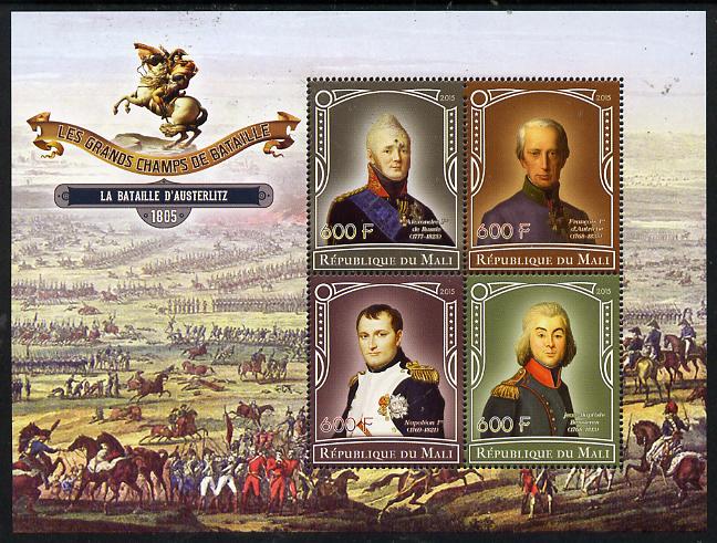 Mali 2015 Great Military Leaders - Battle of Austerlitz 1805 perf sheetlet containing set of 4 unmounted mint , stamps on , stamps on  stamps on militaria, stamps on  stamps on battles, stamps on  stamps on personalities, stamps on  stamps on napoleon, stamps on  stamps on horses