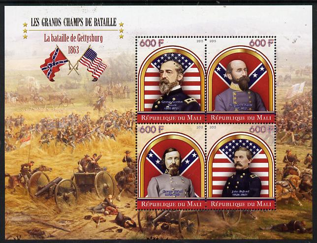 Mali 2015 Great Military Leaders - Battle of Gettysburg 1863 perf sheetlet containing set of 4 unmounted mint , stamps on militaria, stamps on battles, stamps on personalities, stamps on americana, stamps on horses, stamps on flags