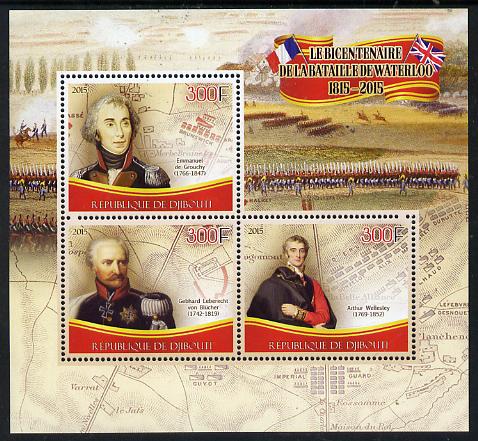 Djibouti 2015 Bicentenary of Battle of Waterloo perf sheetlet containing set of 3 unmounted mint , stamps on , stamps on  stamps on militaria, stamps on  stamps on battles, stamps on  stamps on napoleon