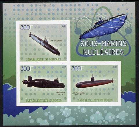 Djibouti 2015 Submarines imperf sheetlet containing set of 3 unmounted mint , stamps on ships, stamps on subs, stamps on submarines